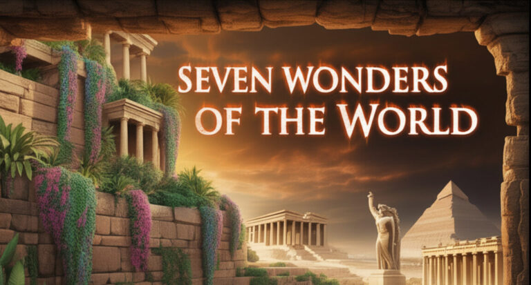 The 7 Wonders of the Ancient World, showing iconic historical structures, with only the Great Pyramid of Giza still standing today - Too Lazy Facts