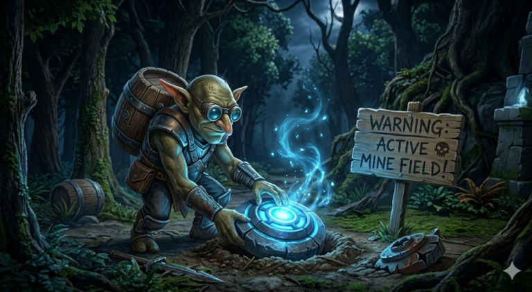 Techies from Dota 2 placing M.A.D mines on the battlefield with explosive devices scattered around - Too Lazy Panda