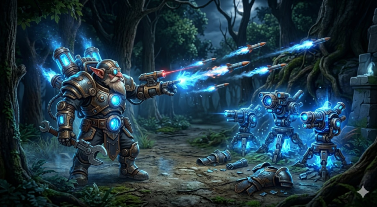 Tinker from Dota 2 using Deploy Turrets ability with three active turrets - Too Lazy Panda