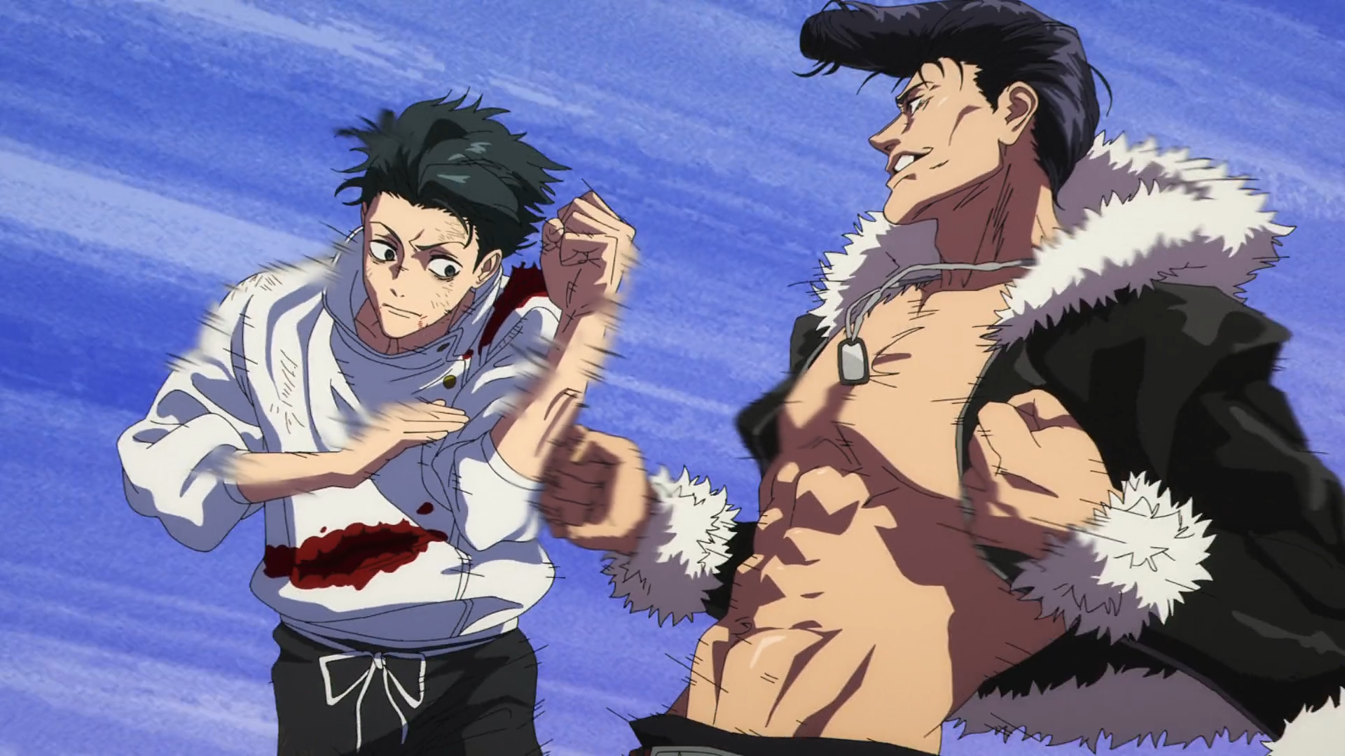 Ryu Ishigori punches while Yuta Okkotsu blocks during their intense battle in Jujutsu Kaisen Episode 12 - Too Lazy Panda