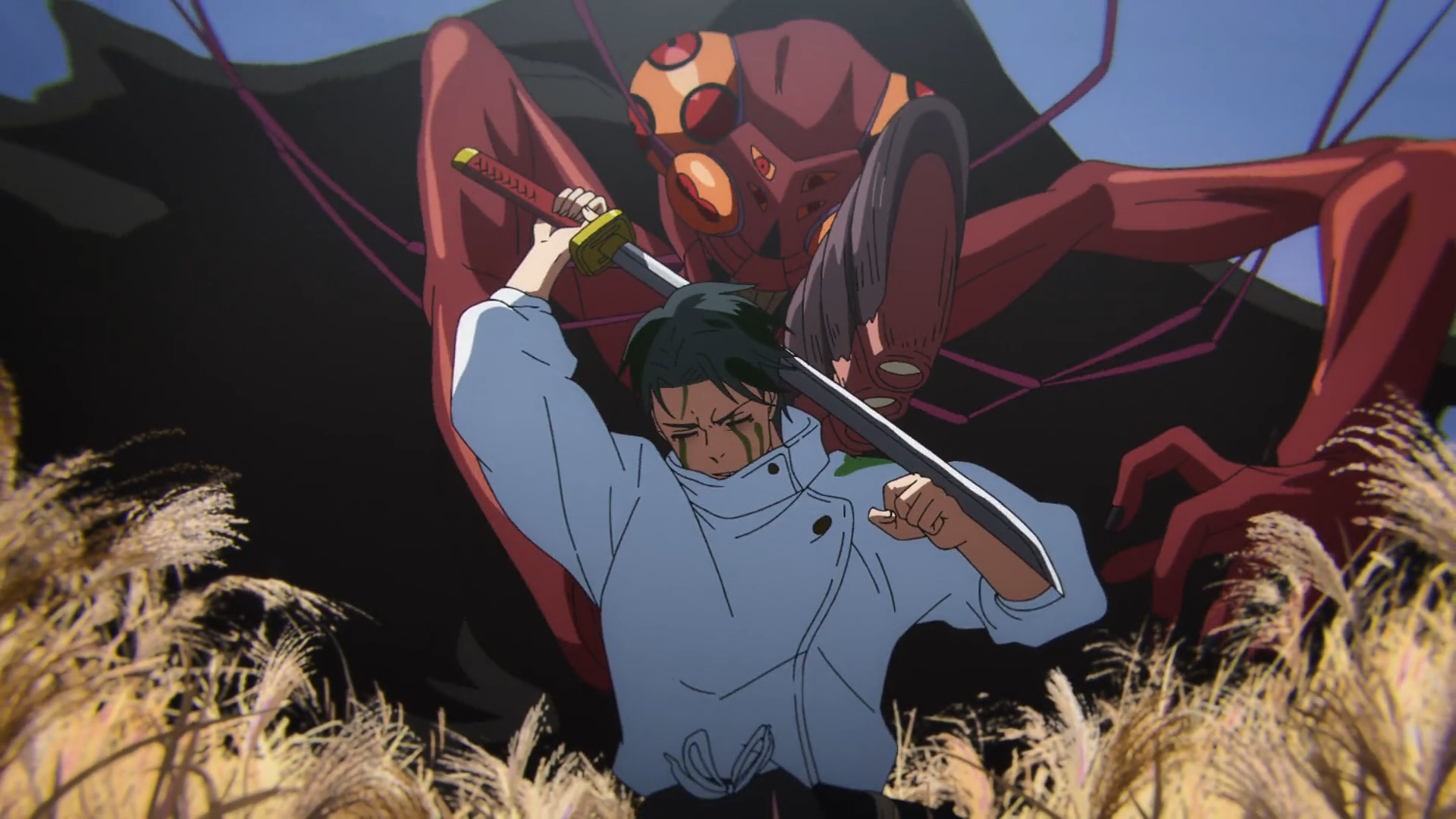 Yuta Okkotsu blocking Kurourushi’s attack from behind with his sword in Jujutsu Kaisen Episode 12 - Too Lazy Panda