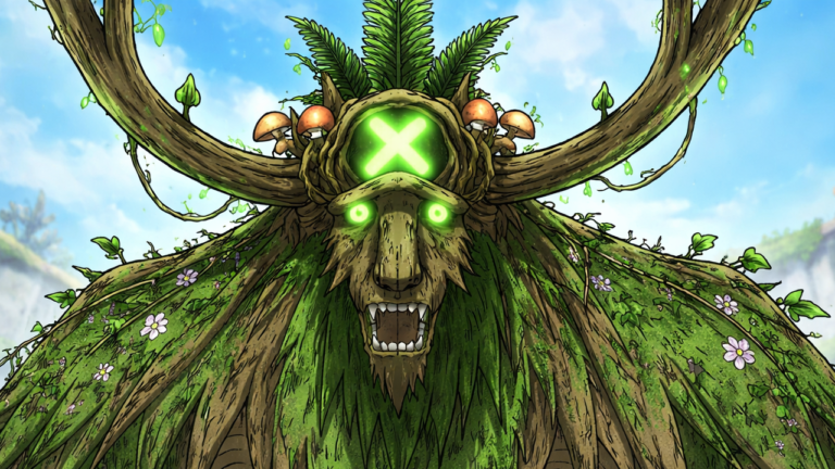 Chopper transformed into a Forest God-like giant, with glowing green X eyes, large antlers, and a body covered in moss, vines, and flowers, standing in a forested arena - Too Lazy Panda
