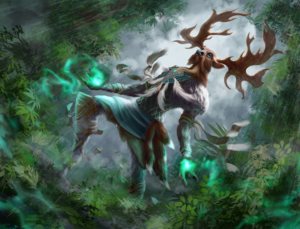 Forest god depiction with antlers and nature elements - Too Lazy Panda