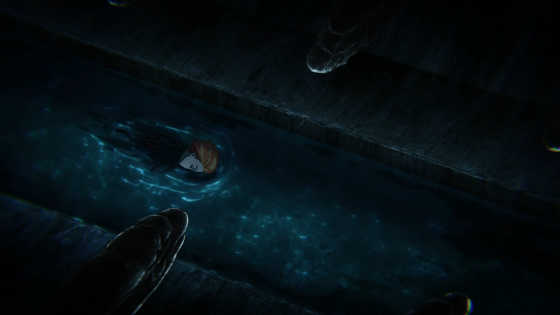 Zhu Jin’s head floating in the sewer in Hell’s Paradise Episode 12 - Too Lazy Panda
