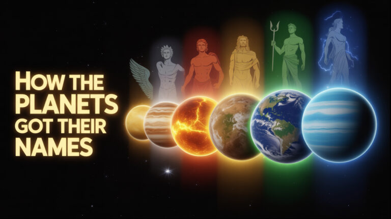 How the Planets Got Their Names featured illustration showing all planets in the solar system with mythological themes - Too Lazy Facts