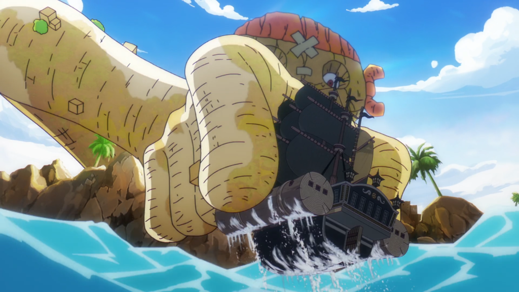 Avalo Pizarro uses his Devil Fruit to lift the ship while Catarina Devon, Van Augur, and Caribou watch - Too Lazy Panda