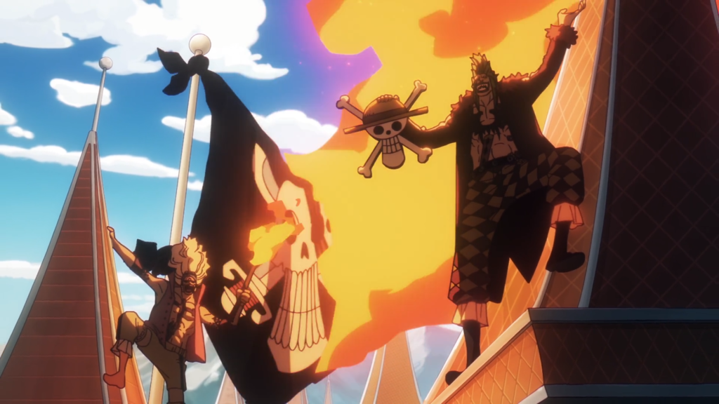 Bartolomeo and Gambia burn Shanks’ pirate flag and replace it with Luffy’s mark