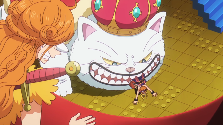 Nami watching in shock as Usopp is being eaten by a giant cat – Too Lazy Panda