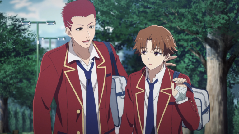 Ken Sudō and Ayanokōji talking during a classroom discussion while Sudō questions his real fighting ability - Too Lazy Facts
