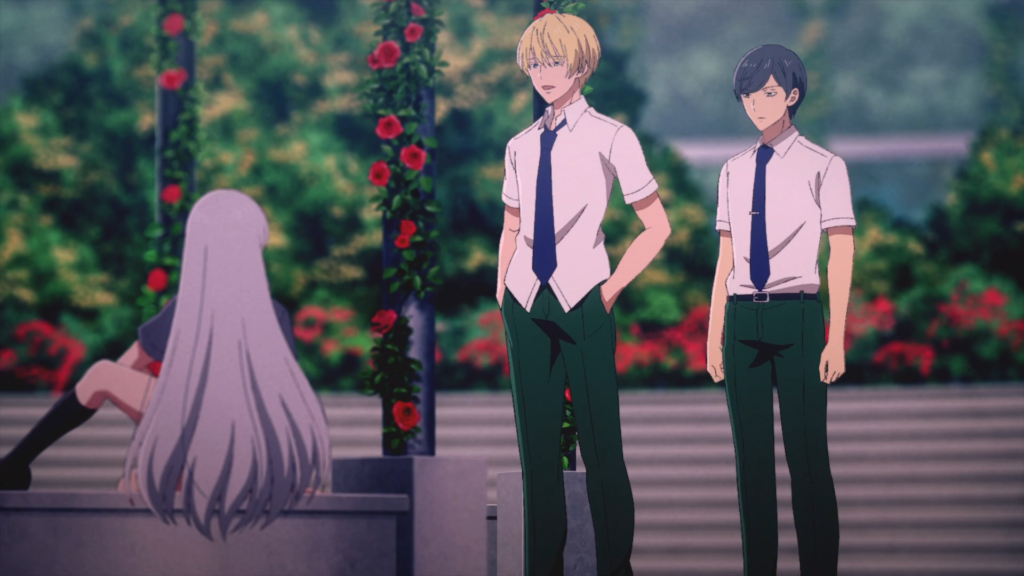 Fūka Kiryūin sitting calmly while Ikuto Kiriyama and Nagumo approach her during a serious conversation about Ayanokoji and the island exam – Too Lazy Panda