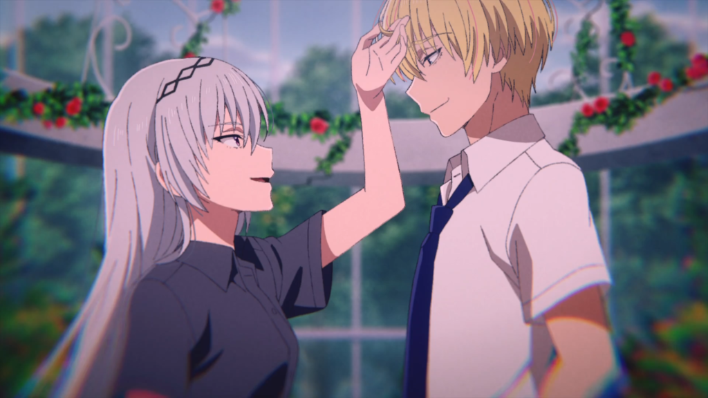 Fūka Kiryūin gently touching Nagumo’s hair while they stand in conversation, showing a tense and curious interaction – Too Lazy Panda