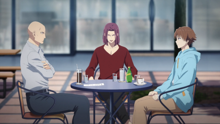 Ryūen, Katsuragi, and Ayanokoji sitting together during a strategy meeting while drinking, discussing plans – Too Lazy Panda