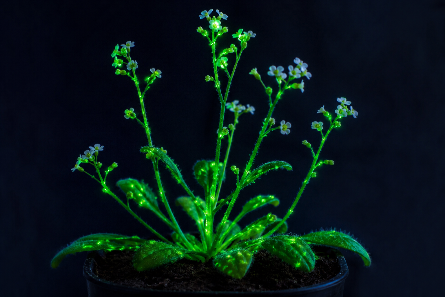 Bioluminescent Arabidopsis plant glowing in controlled laboratory experiment showing genetic modification research - Too Lazy Plants