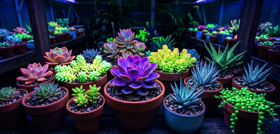 Fluorescent succulents glowing under UV light showing fluorescence effect in decorative plants - Too Lazy Plants