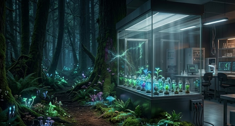 Glow in the Dark Plants glowing softly in dark forest and lab environments showing bioluminescent and engineered plant concepts - Too Lazy Plants