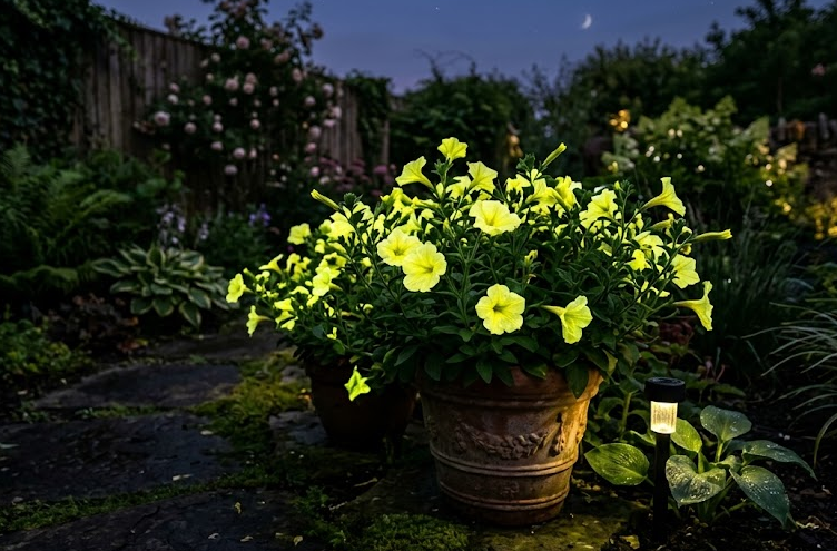 Firefly Petunia glowing softly in the dark showing engineered bioluminescent plant created using mushroom genes - Too Lazy Plants