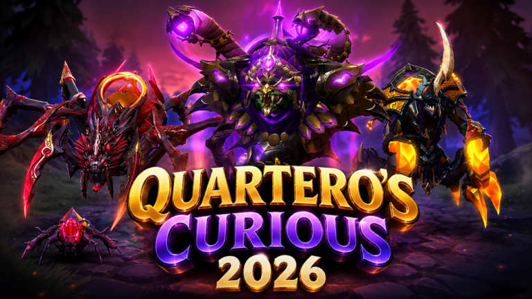 Quartero’s Curios Summer 2026 Dota 2 featured sets showing Broodmother Golden Orbweaver, Venomancer Venomous Vizier, and Nyx Assassin Amber Apis – Too Lazy Panda