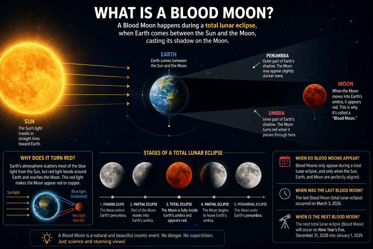 Infographic explaining what is a Blood Moon with Sun Earth Moon alignment stages lunar eclipse timeline last and next occurrence and why it turns red - Too Lazy Facts