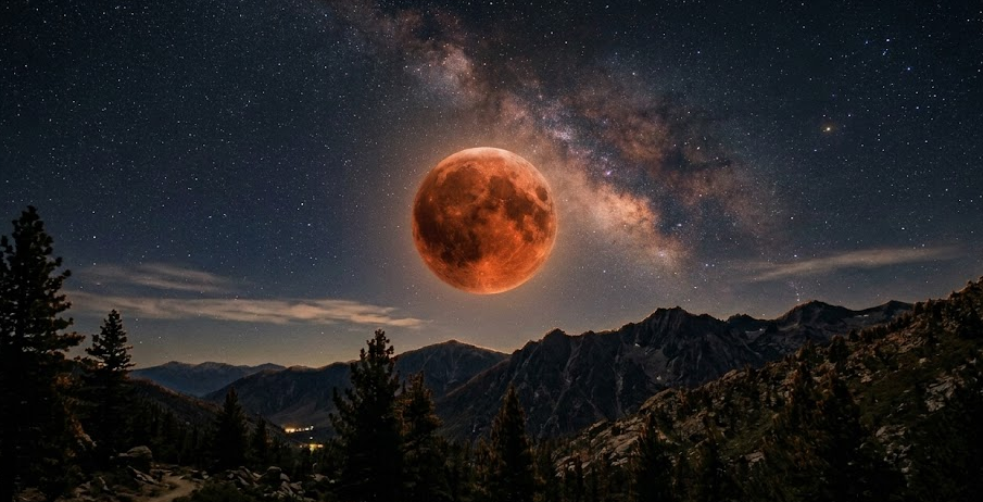 Red Blood Moon in the night sky during a total lunar eclipse - Too Lazy Facts