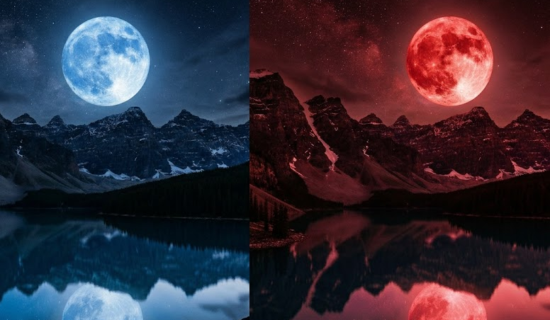 Side by side comparison of a Blue Moon in a clear night sky and a red Blood Moon during a lunar eclipse - Too Lazy Facts