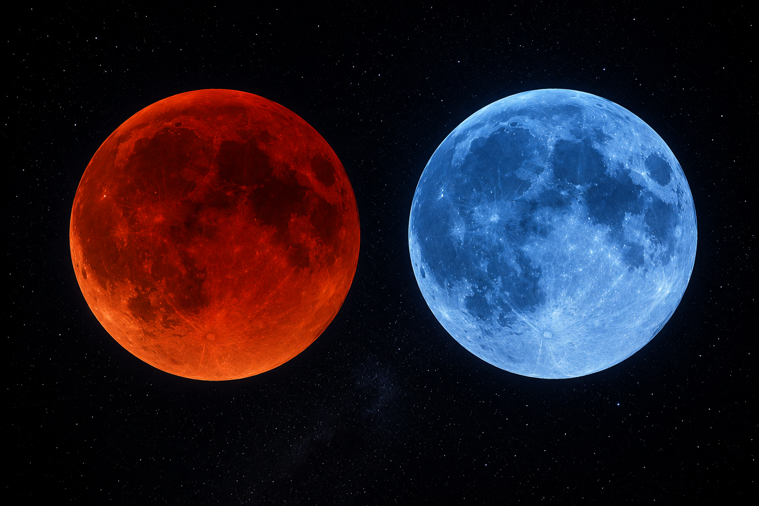 Side by side comparison of a red Blood Moon during a lunar eclipse and a Blue Moon in a clear night sky - Too Lazy Facts