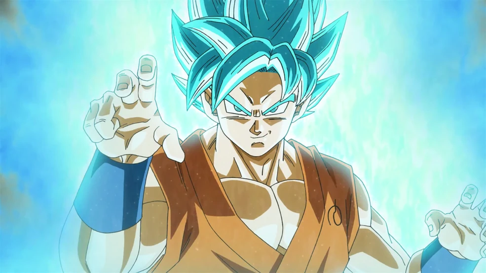 Goku in Super Saiyan Blue form with blue aura energy representing peak anime power scaling debate - Too Lazy Panda
