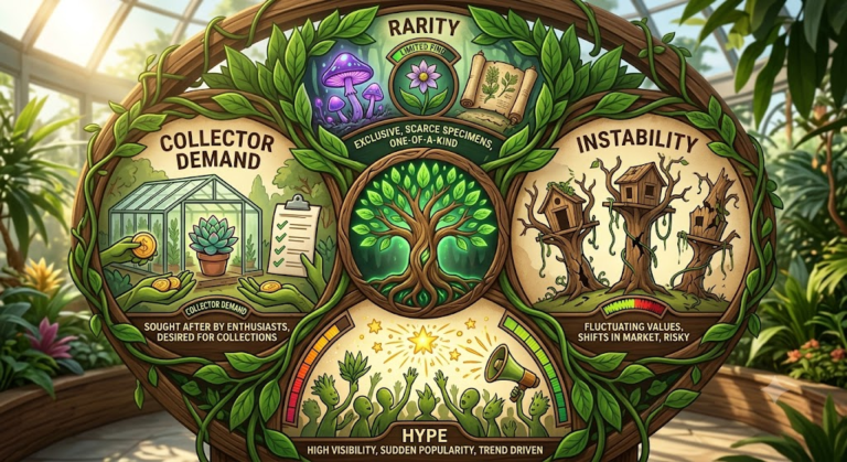 infographic showing why some of the most expensive plants are valuable including rarity instability hype and demand - Too Lazy Plants
