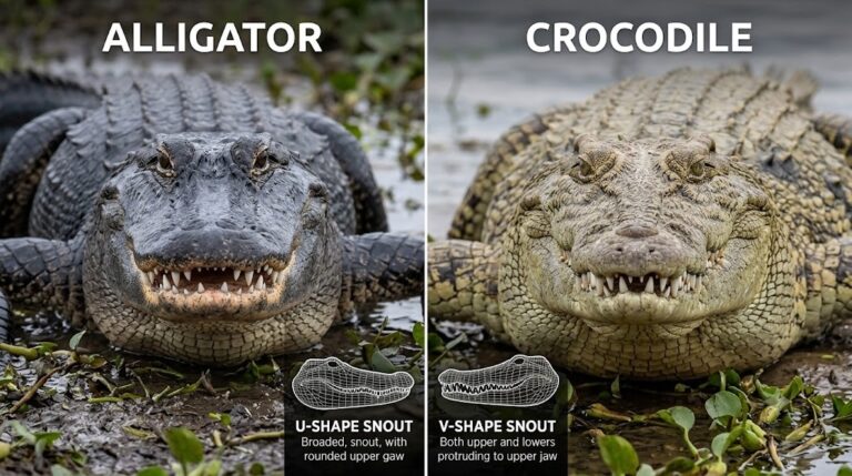 Difference Between Crocodile and Alligator U-shaped vs V-shaped snout comparison - Too Lazy Facts