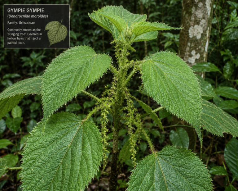 Gympie Gympie plant leaves with stinging hairs (Dendrocnide moroides) in rainforest - Too Lazy Plants