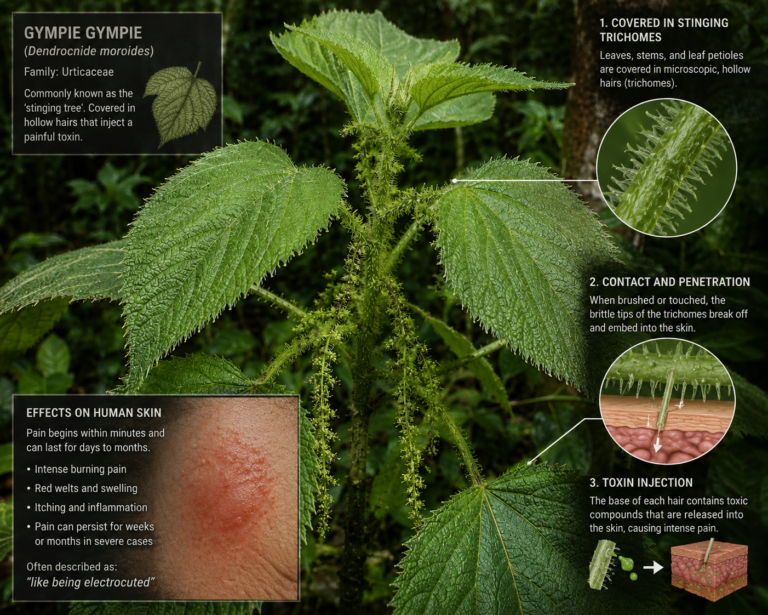 Gympie Gympie plant stinging hairs penetrating skin and injecting toxin (stinging trichomes) - Too Lazy Plants