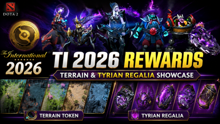 Dota 2 The International 2026 event overview showing terrain rewards and Tyrian Regalia treasure cosmetics - Too Lazy Panda