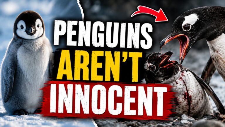 Dark penguin facts showing a cute penguin on one side and two penguins fighting on the other - Too Lazy Facts