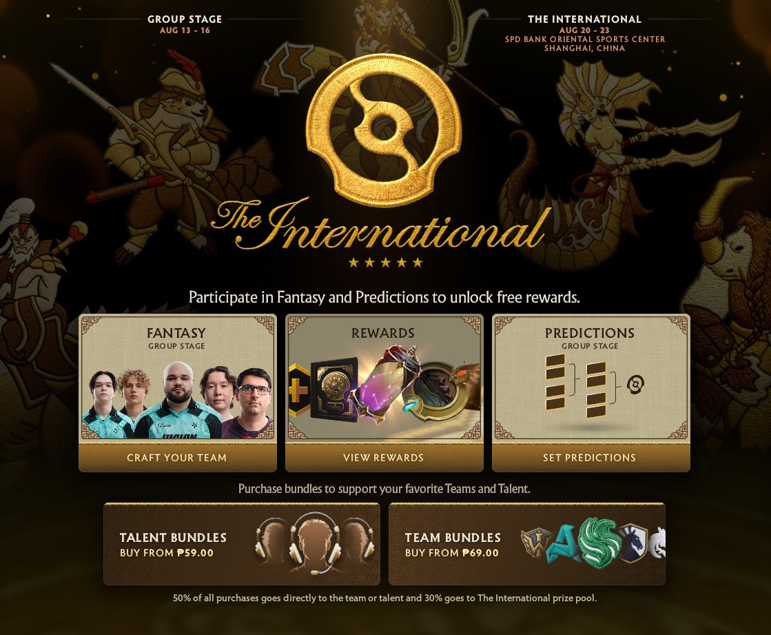 The International 2026 event overview showing rewards, fantasy, predictions, and team bundles in Dota 2 - Too Lazy Panda