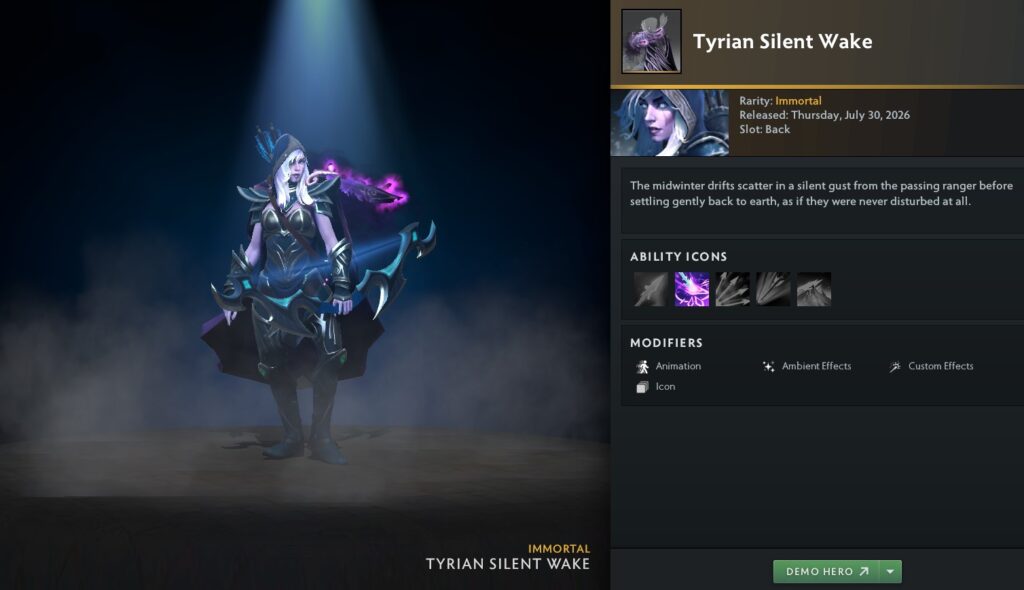 Drow Ranger Tyrian Silent Wake set from The International 2026 Tyrian Regalia treasure in Dota 2 - Too Lazy Panda