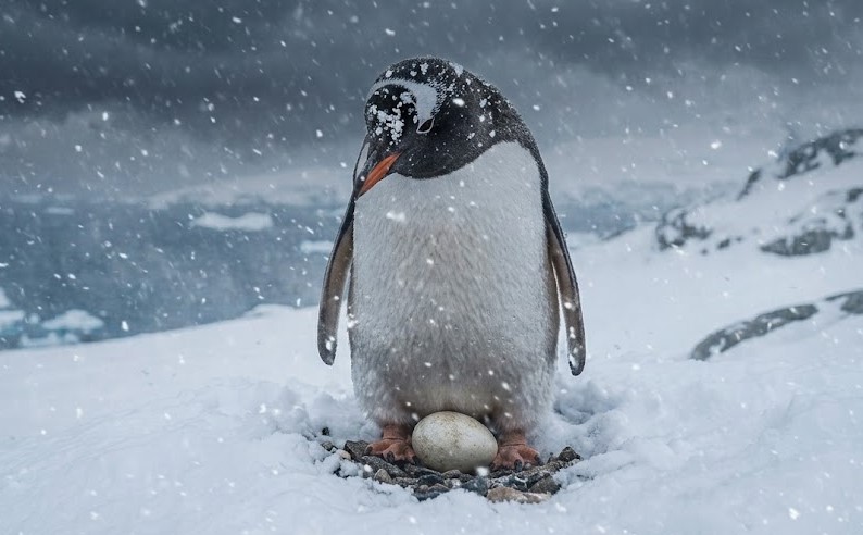 Dark penguin facts showing a male penguin balancing an egg on its feet in the snow to keep it warm - Too Lazy Facts