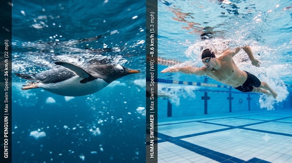 Dark penguin facts comparison showing a penguin beside a human for size and behavior contrast - Too Lazy Facts