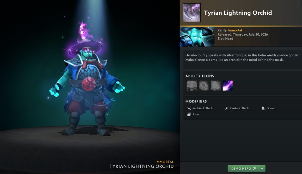 Storm Spirit Tyrian Lightning Orchid set from The International 2026 Tyrian Regalia treasure in Dota 2 - Too Lazy Panda