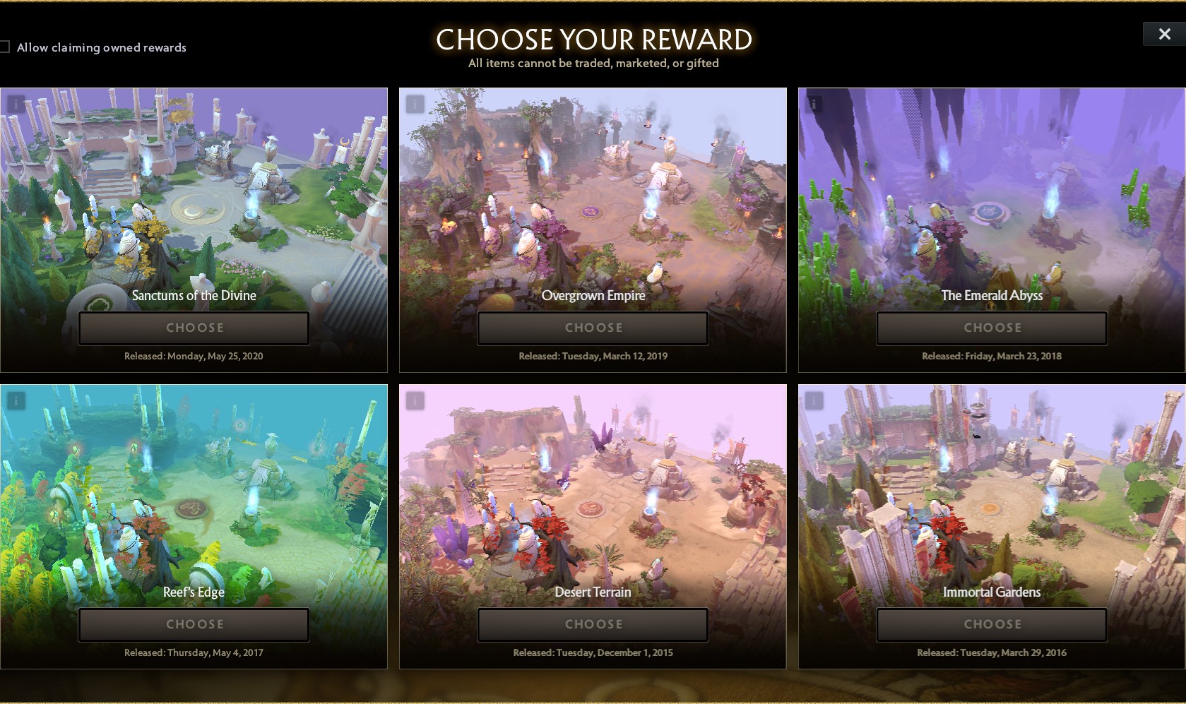 The International 2026 terrain token options showing Sanctums of the Divine, Overgrown Empire, Emerald Abyss, Reefâs Edge, Desert Terrain, and Immortal Gardens in Dota 2 - Too Lazy Panda